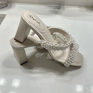 Qupid Beaded Block Sandals in White and Cream - Size 7.5